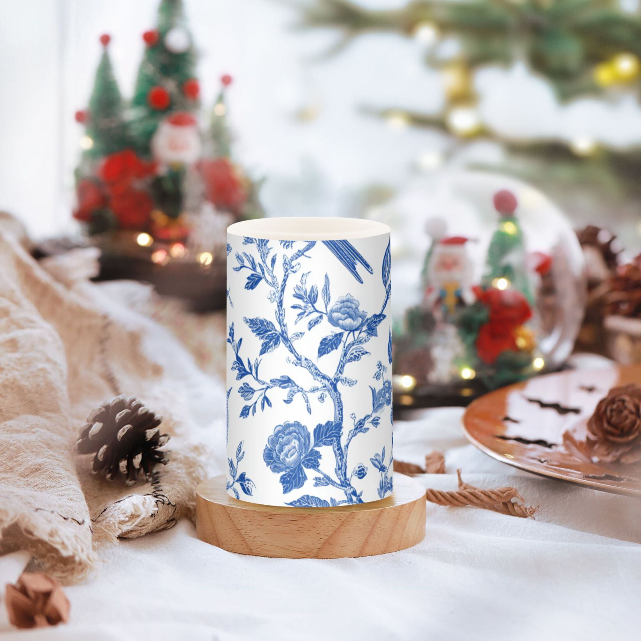 Blue Ink Birds Flowers Flickering Flameless Candles LED Tealight Battery Operated with Remote Set of 2 Holiday Decor Ornaments