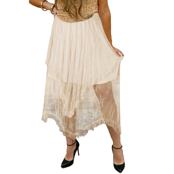 Women's Apricot Lace Cascading Tiered High Waist Maxi Skirt - Elegant & Flattering - [ZhiHiMeRi] | (US 12-14)L