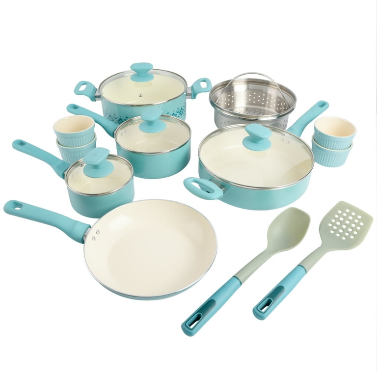 Spice by Tia Mowry Savory Saffron 16 Piece Ceramic Nonstick Cookware Set in Teal
