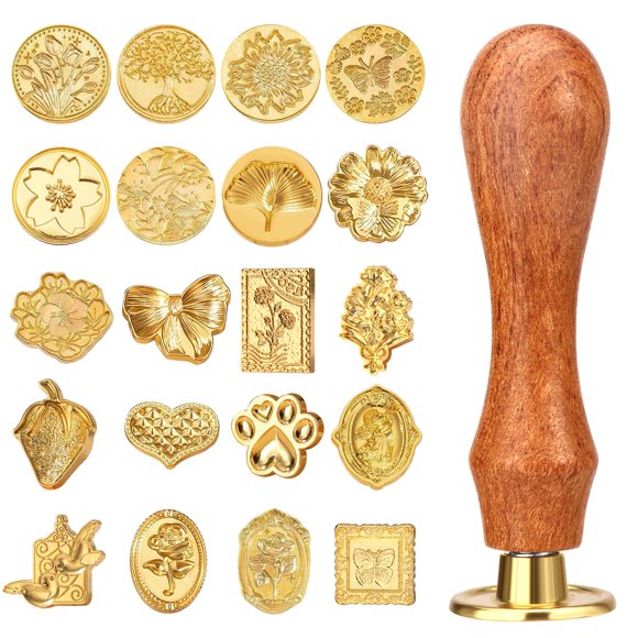 Kit de sellos Wax Seal Draupnir, 21 unidades con mango de madera, 20 patrones