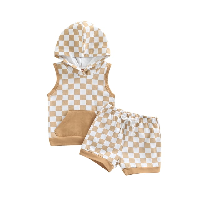 Faithtur Ensemble Bébé Fille Garçon, Haut Sans Manches à Capuche Imprimé Damier + Short Décontracté d'Été à Cordon