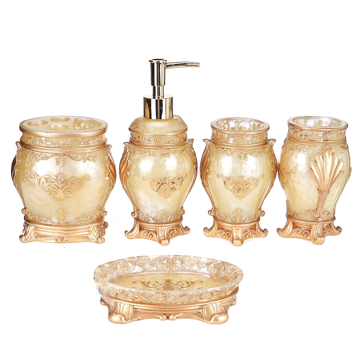 KUDOSALE 5 Piece Resin Bath Accessories Sets, Gold