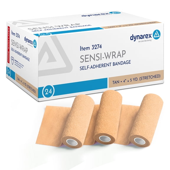 Dynarex Sensi-Wrap Self-Adhesive Bandages, 18-Pack, 4" x 5 yards, Tan, Latex, Colored Elastic Cohesive Athletic Tape, Tattoo Grip & Vet Wrap