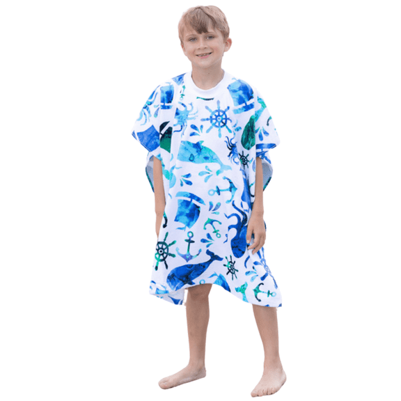 Tee Tops, Wearable Beach Towel Poncho for Kids, Changing Robe, 100% Cotton, Whale