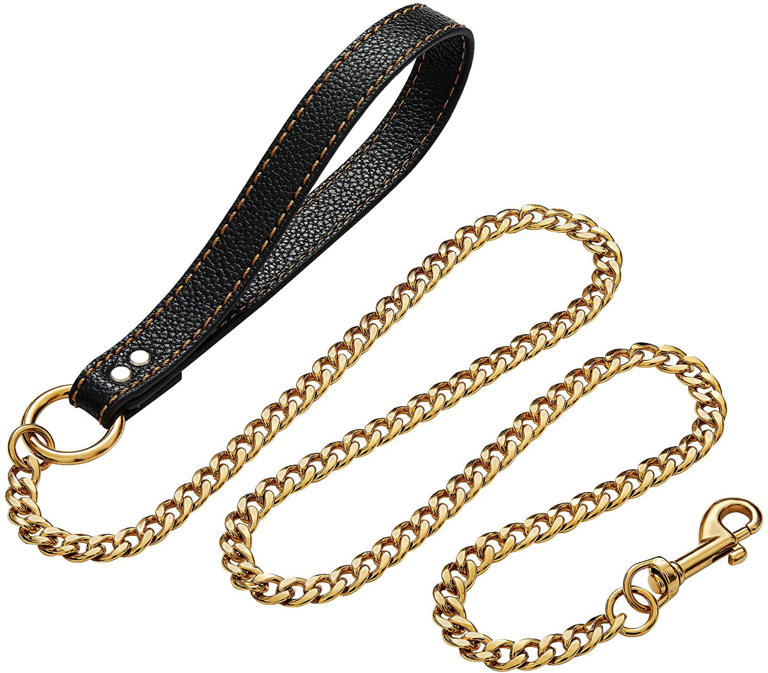 Stainless Steel Gold Chain Curban Dog Leash Lead Leather Handle 10mm 51" long 