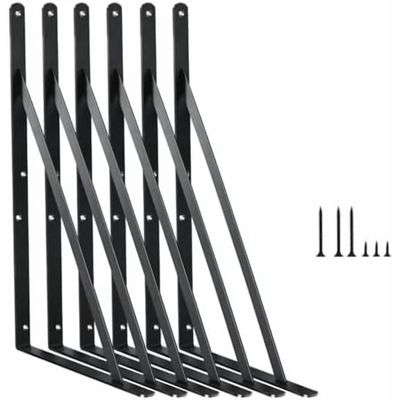 6 Pack L16 x H 10" Black Heavy Duty Shelf Brackets with Screws Metal Shelf Brackets Shelf Support Angle Brackets for Shelves L Brackets Heavy Duty Floating Shelf