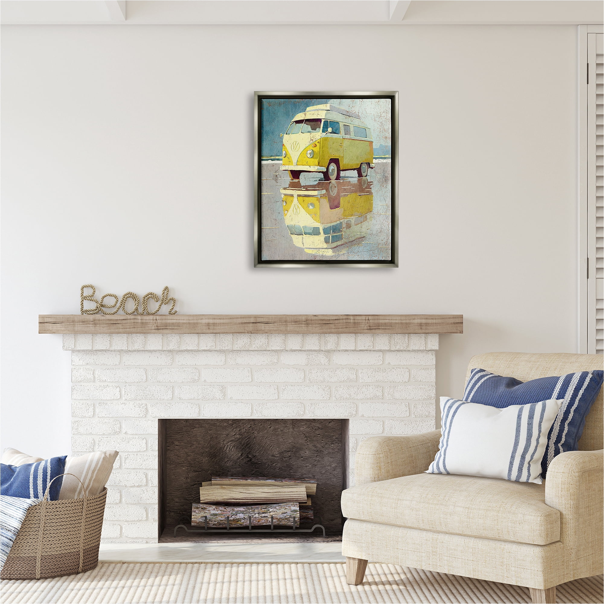 Stupell Industries Yellow Rustic Minibus Transportation Painting Gray Floater Framed Canvas Art Print Wall Art, 25 x 31