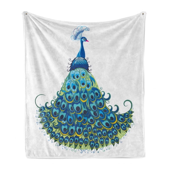 Peacock Soft Flannel Fleece Throw Blanket, Peacock Illustration Floral Classical Curvy Design Tropics Wildlife Theme, Cozy Plush for Indoor and Outdoor Use, 60" x 80", Blue Yellow, by Ambesonne