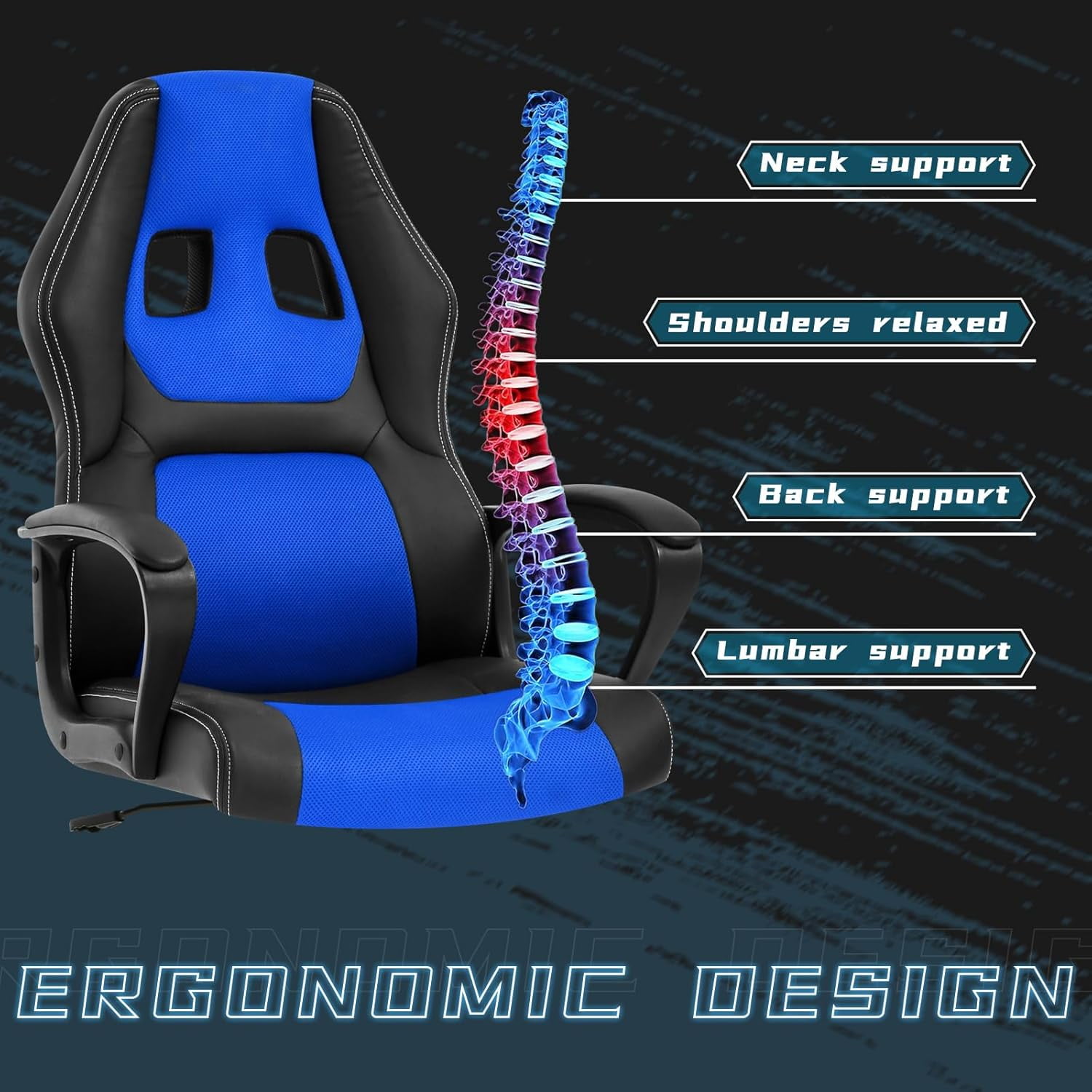 Dkelincs Gaming Chair Massage Computer Chair Ergonomic Video Game Chairs, Adjustable Office Desk Chair with Lumbar Support & Armrest for Teens & Children, Blue