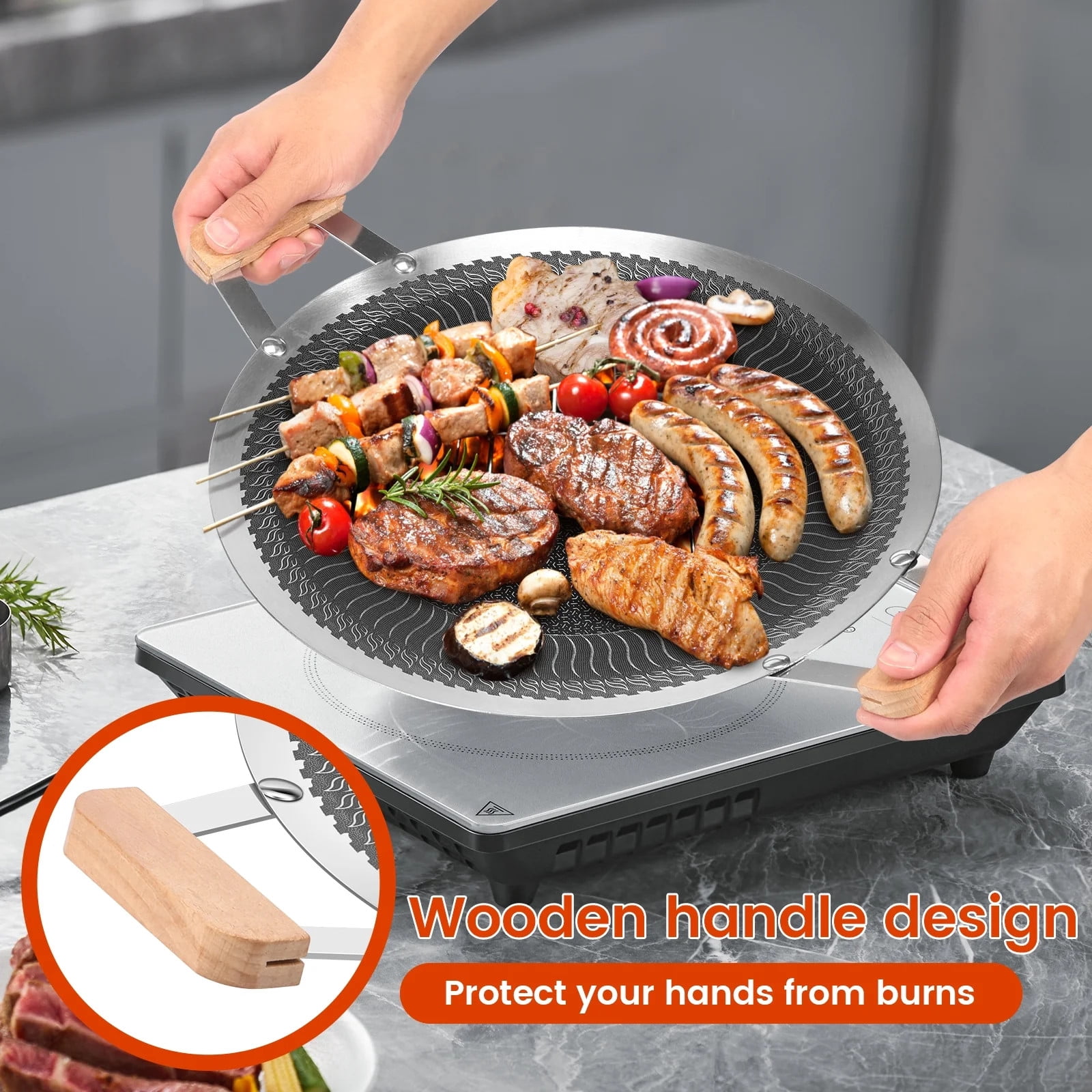 TEAFIRST BBQ Grill Pan, Stainless Steel Round Grill Pan with Handle, Griddle Pan for Camping Outdoor