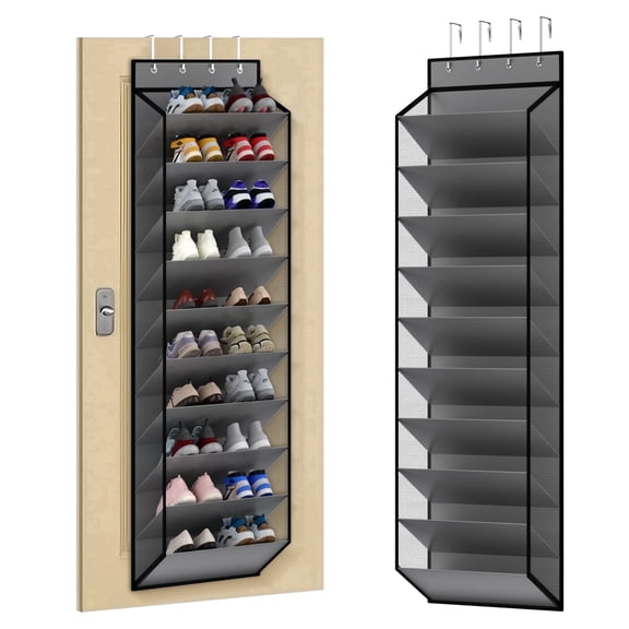 KEEPJOY 10 Tiers Mesh Over Door Shoe Organizer Storage, Hanging Shoe Holder for Door with Large Deep Pockets, Holds 20-30 Pairs of Shoes,Grey