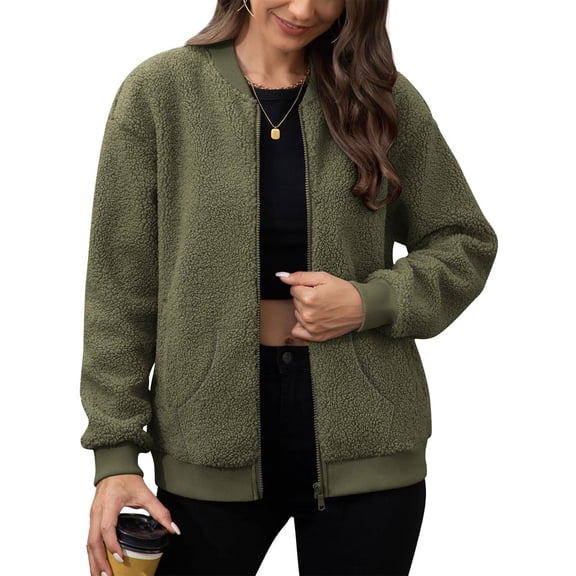 Guieoi Plus Size Jackets for Women Women's Long Sleeved Solid Color Warm Winter Jacket Top Green