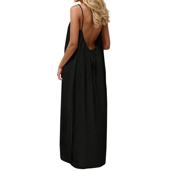 Women's Backless Maxi Dress, Solid Color Spaghetti Strap Loose Fit Long Dress, Casual Sleeveless Beach Dress for Vacation, Summer and Daily Wear Black XXL