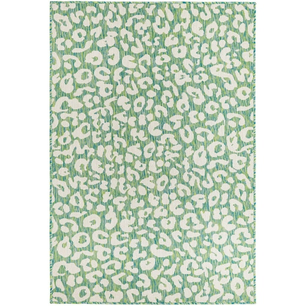 Unique Loom Leopard Indoor/Outdoor Safari Rug Green Blue/Ivory 4' 1" x