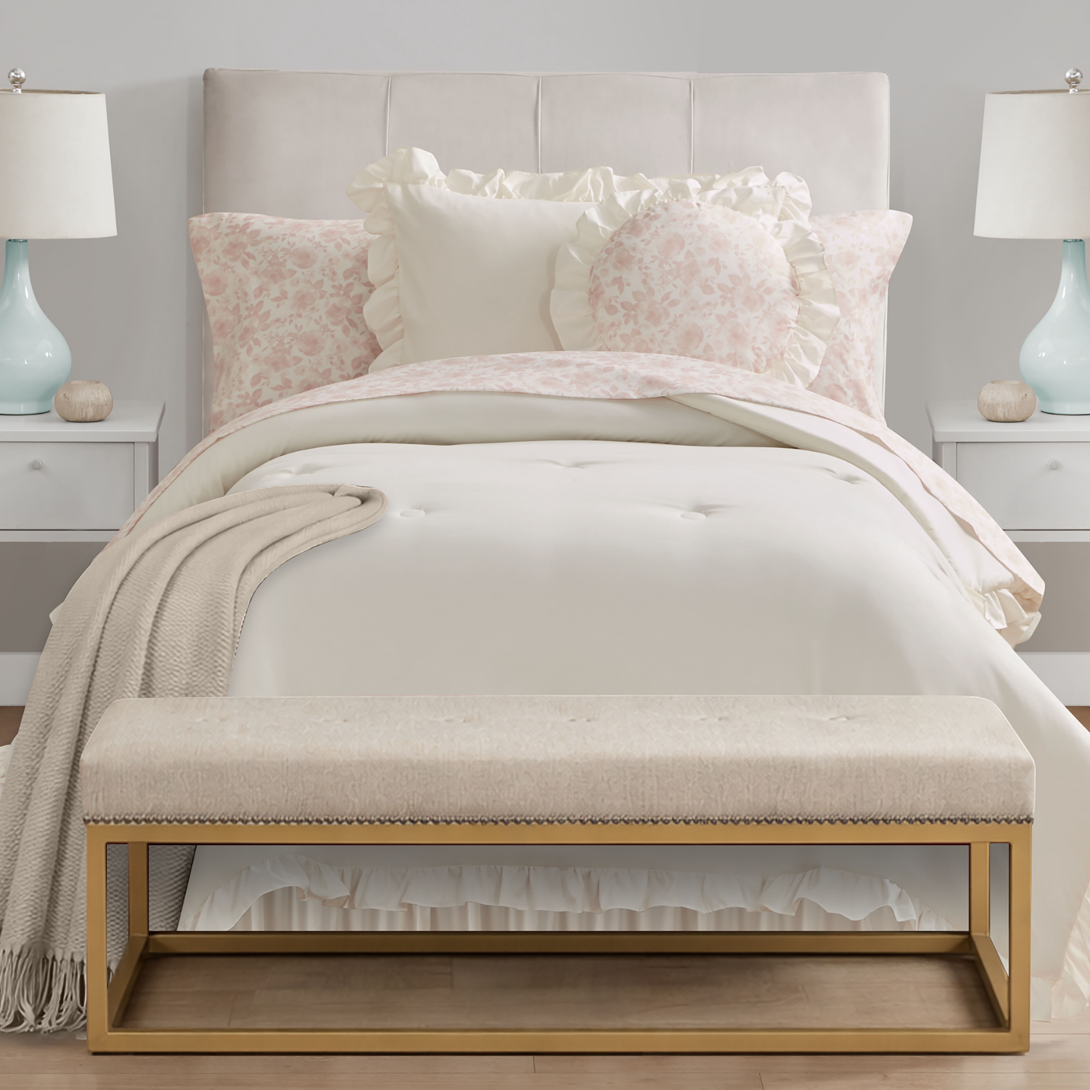 Mainstays Reversible 8-Piece Bed-in-a-Bag Comforter Set with Sheets, Cream Ruffle, Twin/Twin-XL