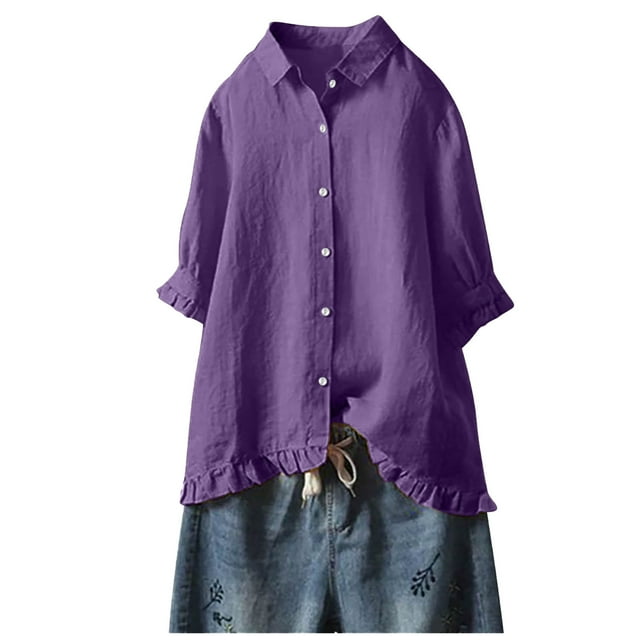 Timegard 3/4 Sleeve Tops for Women Cotton Linen Plus Size Ruffle Button up Shirts Fall Loose Tops Blouse