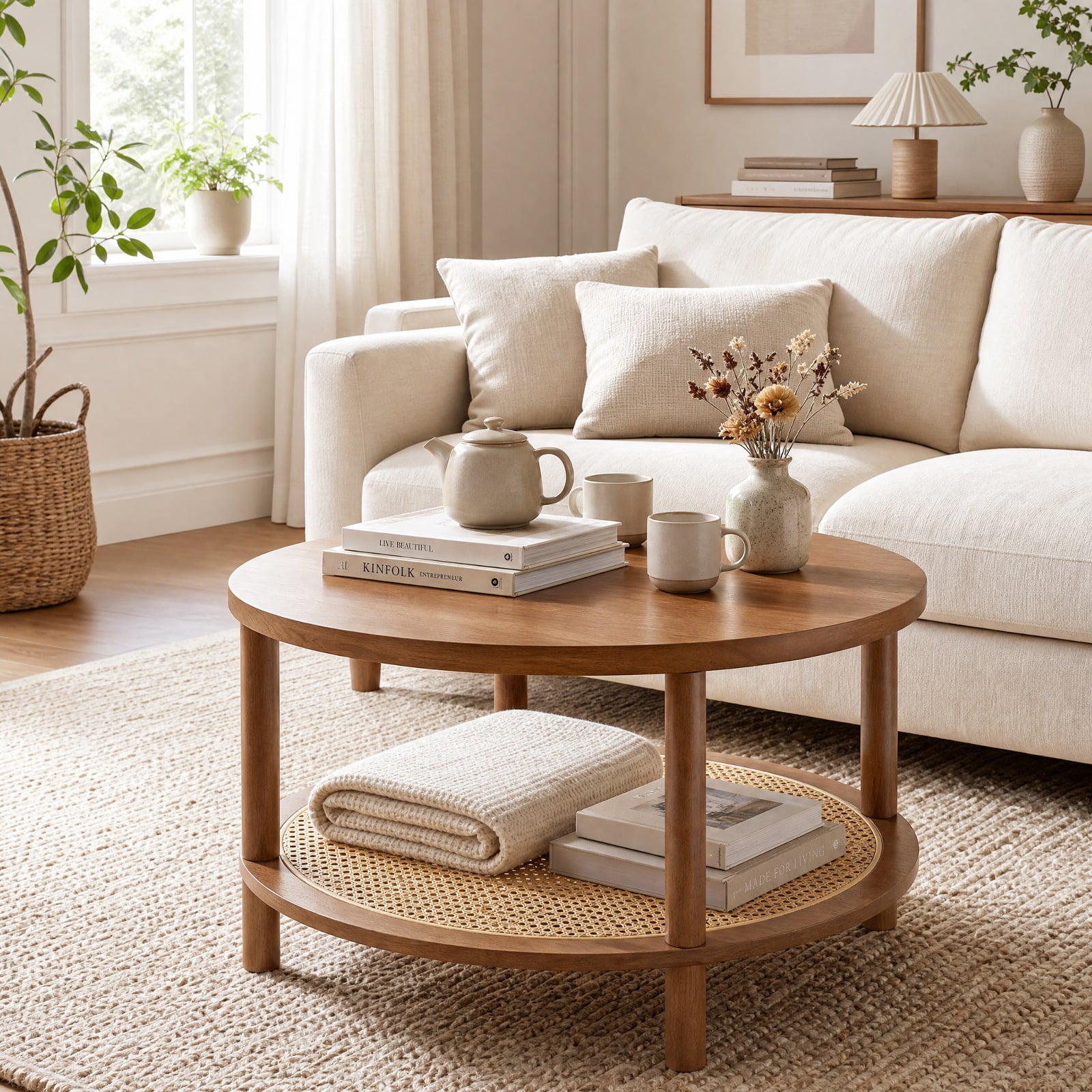 Furnibear 2 Tier Boho Round Rattan Coffee Table with Storage Shelf Rubber Wood Legs and Thickened Top for Living Room, Walnut