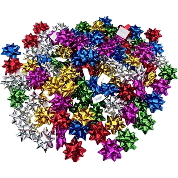 100 Pcs Metallic Star Bows, Large Adhesive Present Bows, Christmas Gift Bows, Gift Embellishments, Artificial Star‑Shaped Bows, Assorted Foil Present Ornaments for Christmas, Wedding & Holidays