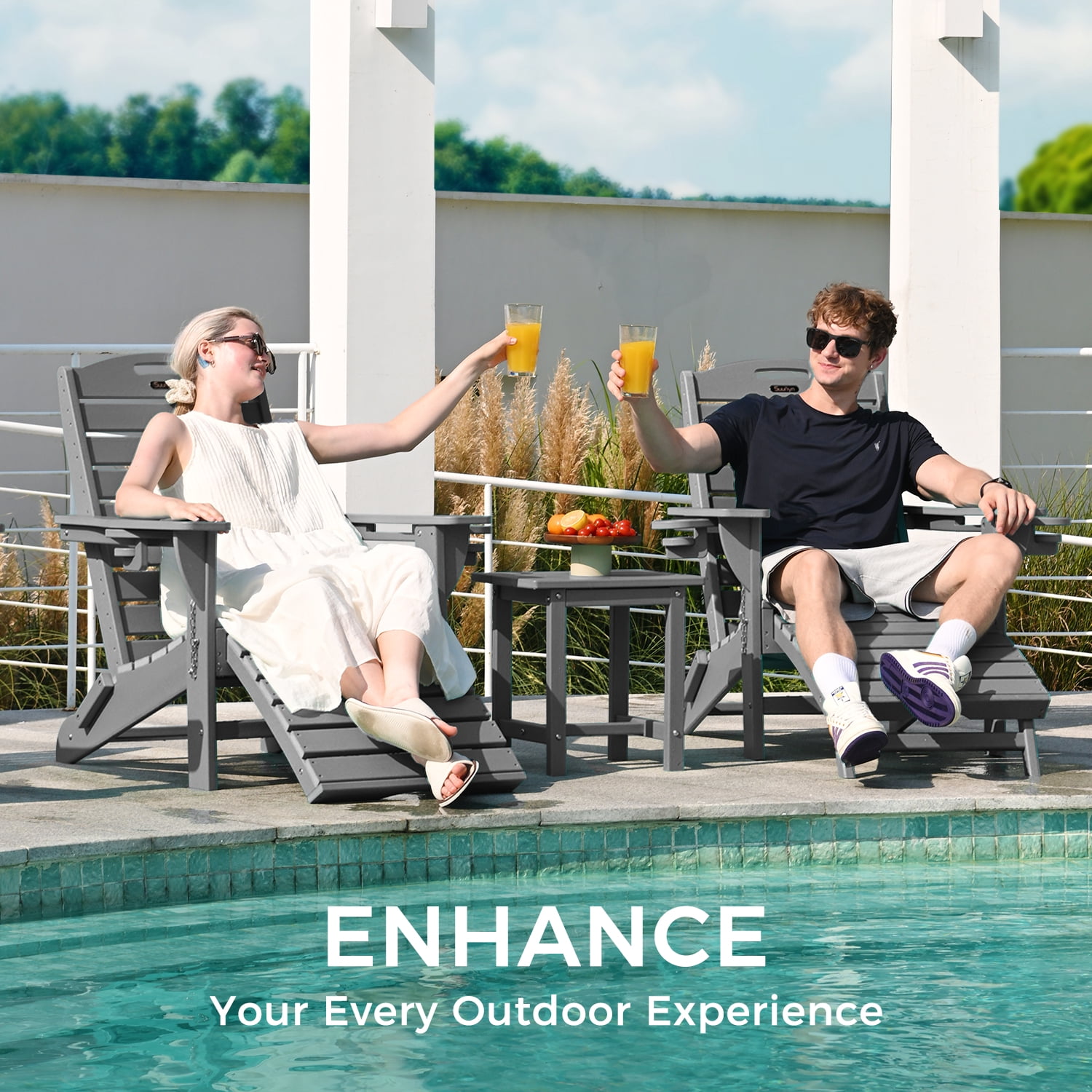 Folding Adirondack Chair with Ottoman Set of 2 HDPE Outdoor Chair Pull Out Footrest with 2 Cup Holders Garden Lawn Grey