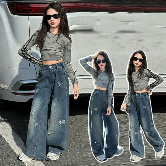 Girls' Jeans Butterfly Jeans Straight Leg Jeans Wide Leg Jeans Girls High Waist Girls Baggy Pants with Pocket Girls Size 7-8 Years Clothes