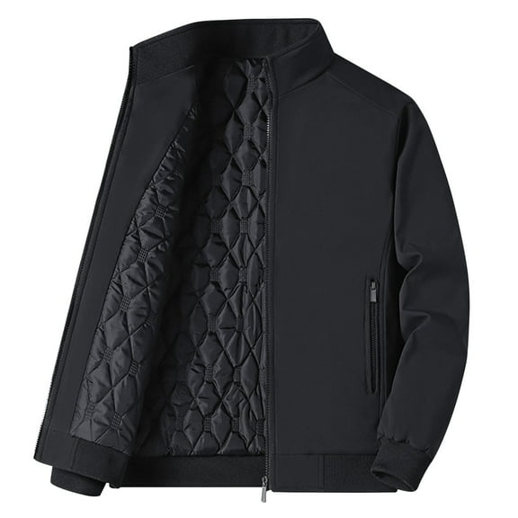 YYDGH Men's Windproof Padded Jacket Casual Winter Full Zipper Coats Quilted Bomber Tops Warm Stand Collar Outerwear Black XXL