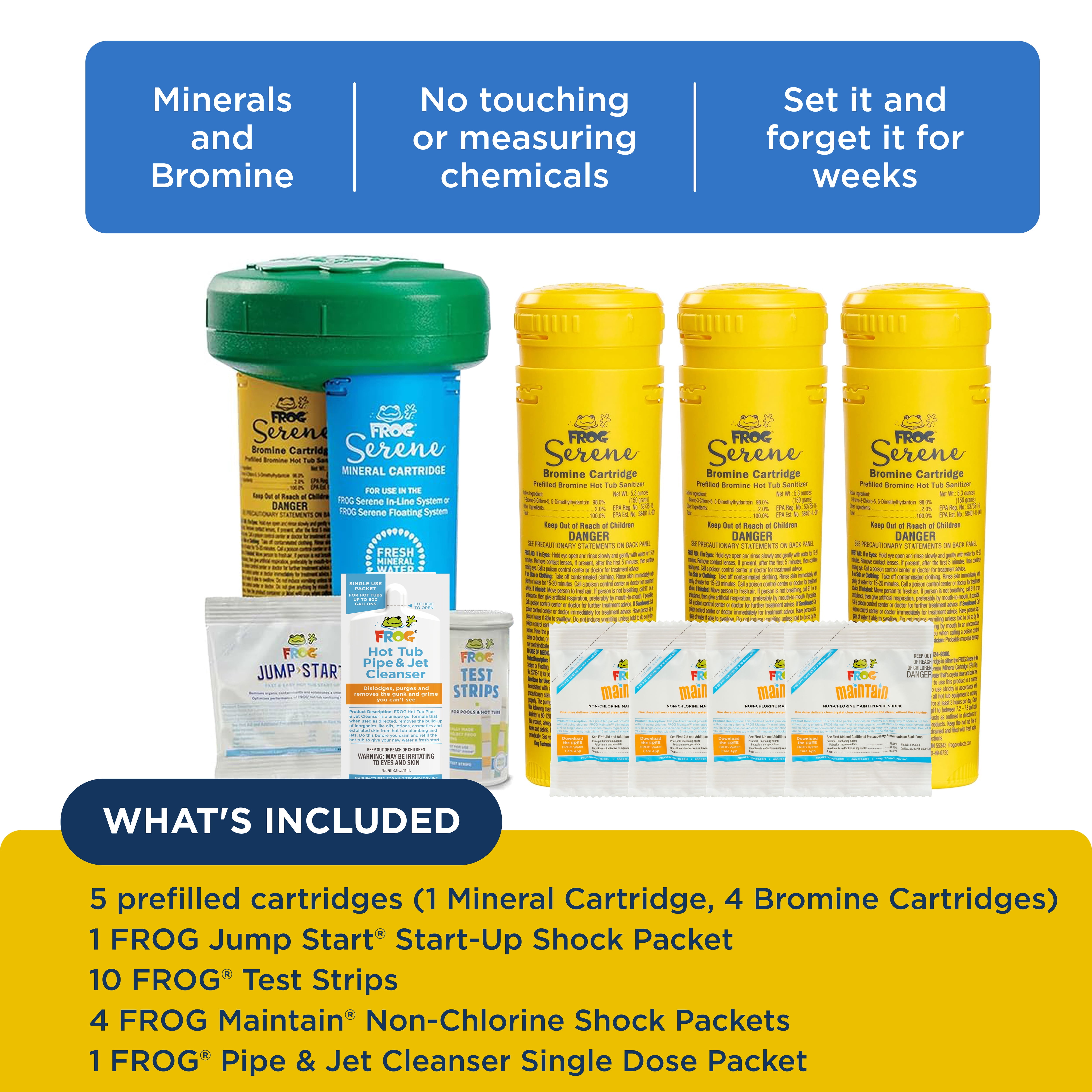 FROG Serene Floating System and Pipe & Jet Cleanser for Hot Tubs - Prefilled Hot Tub Sanitizer and Deep Clean Purge - Sanitizing Minerals & Bromine - 4 Month Fresh Start Bundle+