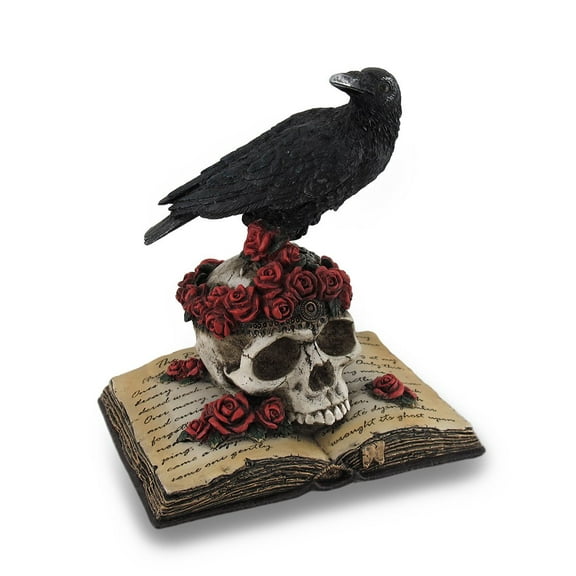 Veronese Design Perched Raven On Rose Skull and Open Poetry Book Statue