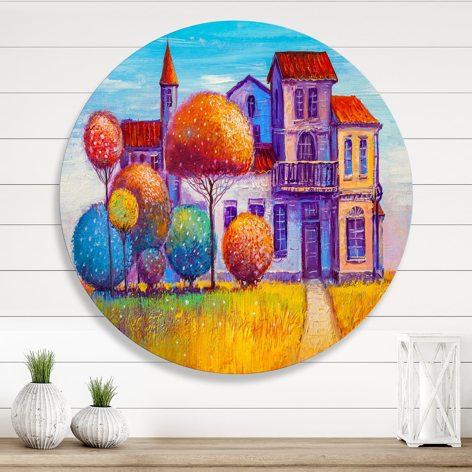 Designart 'Abstract Colorful House In The Fairy Tale VIllage' Traditional Circle Metal Wall Art 11x11 - Disc of 11