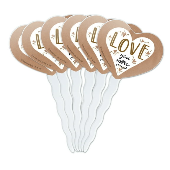 Love You More Kraft Style Heart Love Cupcake Picks Toppers Decoration Set of 6