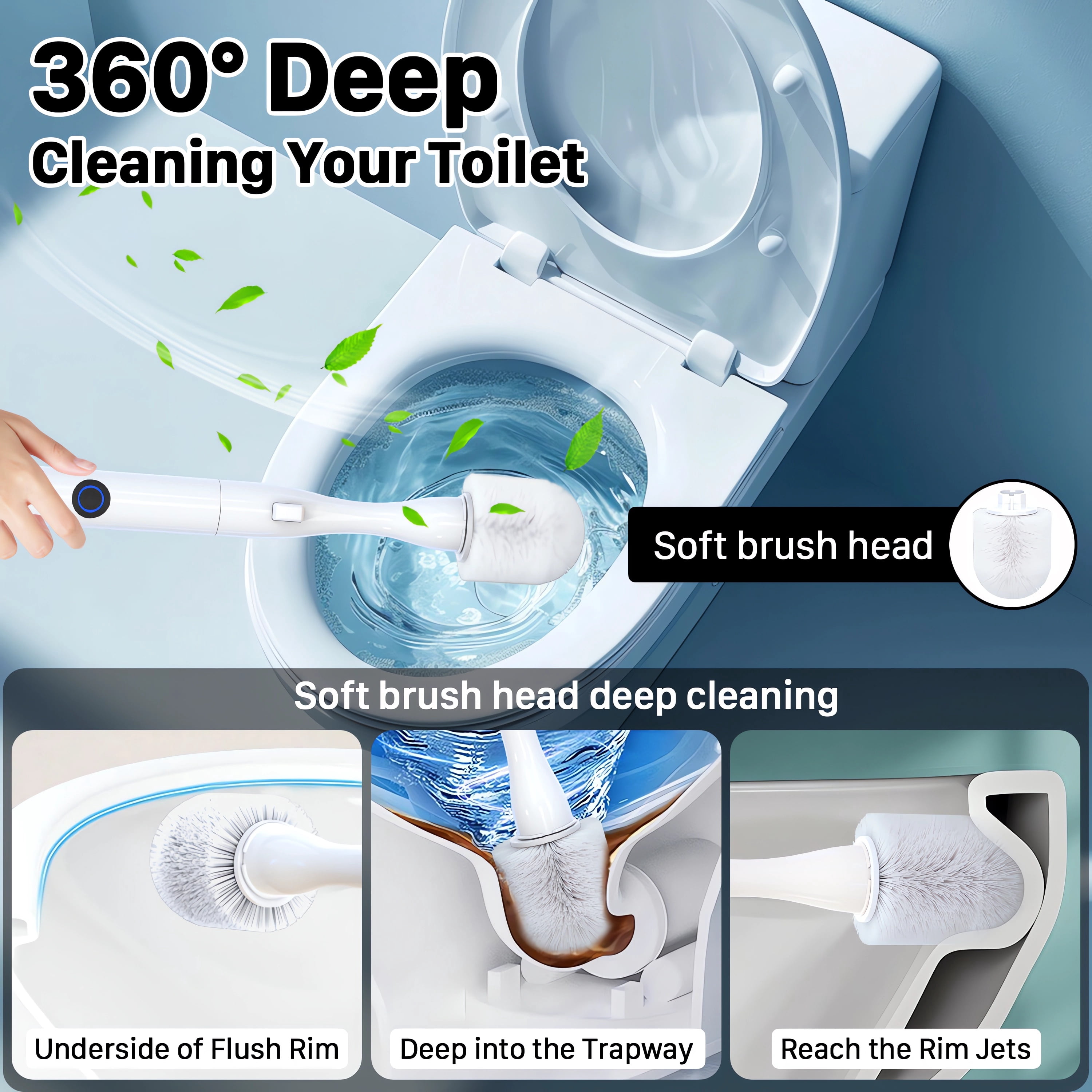 Hillyfe Electric Toilet Brush and Holder, Cordless Rechargeable Cleaning Scrubber with Nylon Head, 15 Disposable Refill Heads, Wall-Mount Hook