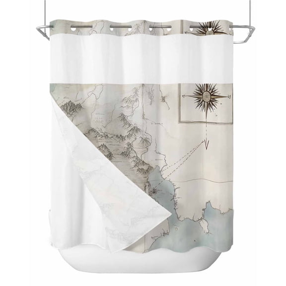 No Hook Shower Curtain with Snap-in Liner, Retro Map Waterproof Fabric Bathroom Curtains, Middle Century Rustic Mountain Ocean Landscape Bath Curtains & Mesh Top Window 72"x78" Long