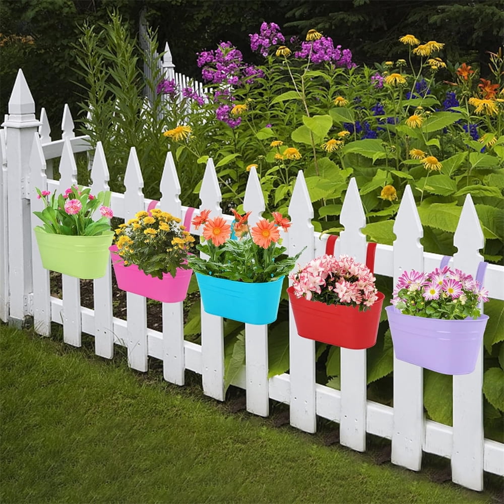 NOGIS 3Pcs Metal Iron Railing Planter, Hanging Flower Pots with Detachable Hooks & Drainage Hosles, Indoor Outdoor Hanging Plant Box for Fence Balcony Garden Home Deck Decor(Multicolor B)