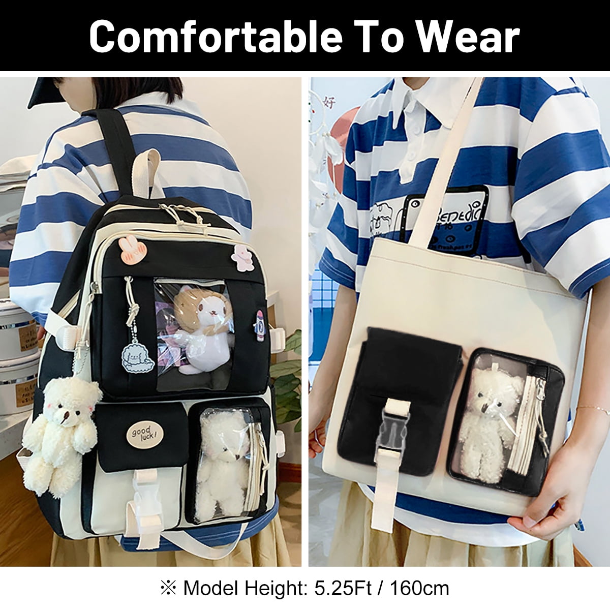 Sanmadrola 5PCS School Backpacks Cute Plush Bear Backpack Set with Pendants and Pins Accessories Kawaii Laptop Bag School Bags, Black