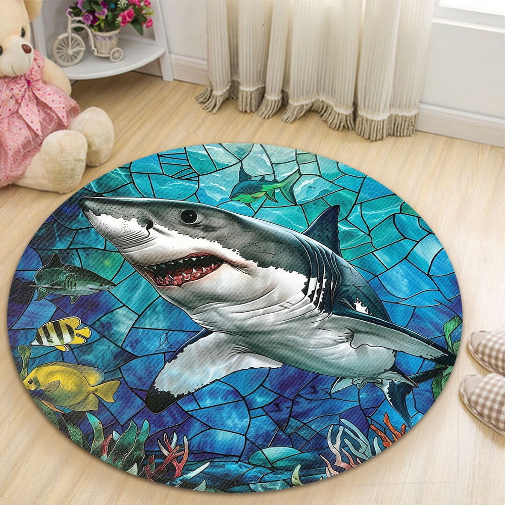 Circle Area Rug, Shark2 Washable Non-Slip Floor Carpet, Soft Rug for Living Room Bedroom Decor 59 Inch