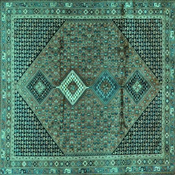 Ahgly Company Machine Washable Indoor Square Persian Turquoise Blue Traditional Area Rugs, 6' Square