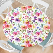 Spring Round Fitted Tablecloth with Elastic Edge Watercolor Flower Outdoor Tablecloth Reusable Table Cover for Indoor Home Kitchen Decor Fits 45-52" Diameter Round Tables