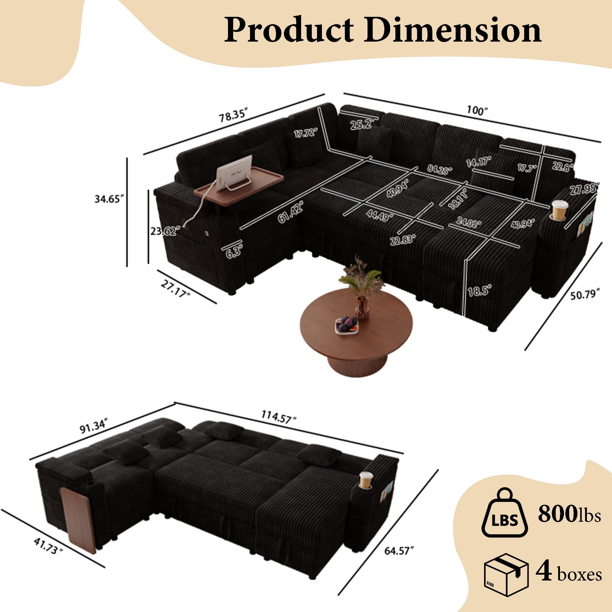 Howcool 100" Oversized Sleeper Sectional Sofa with Pull-Out Bed,U-Shape Corduroy Modular Sofa Couch with USB Ports & Storage,Black