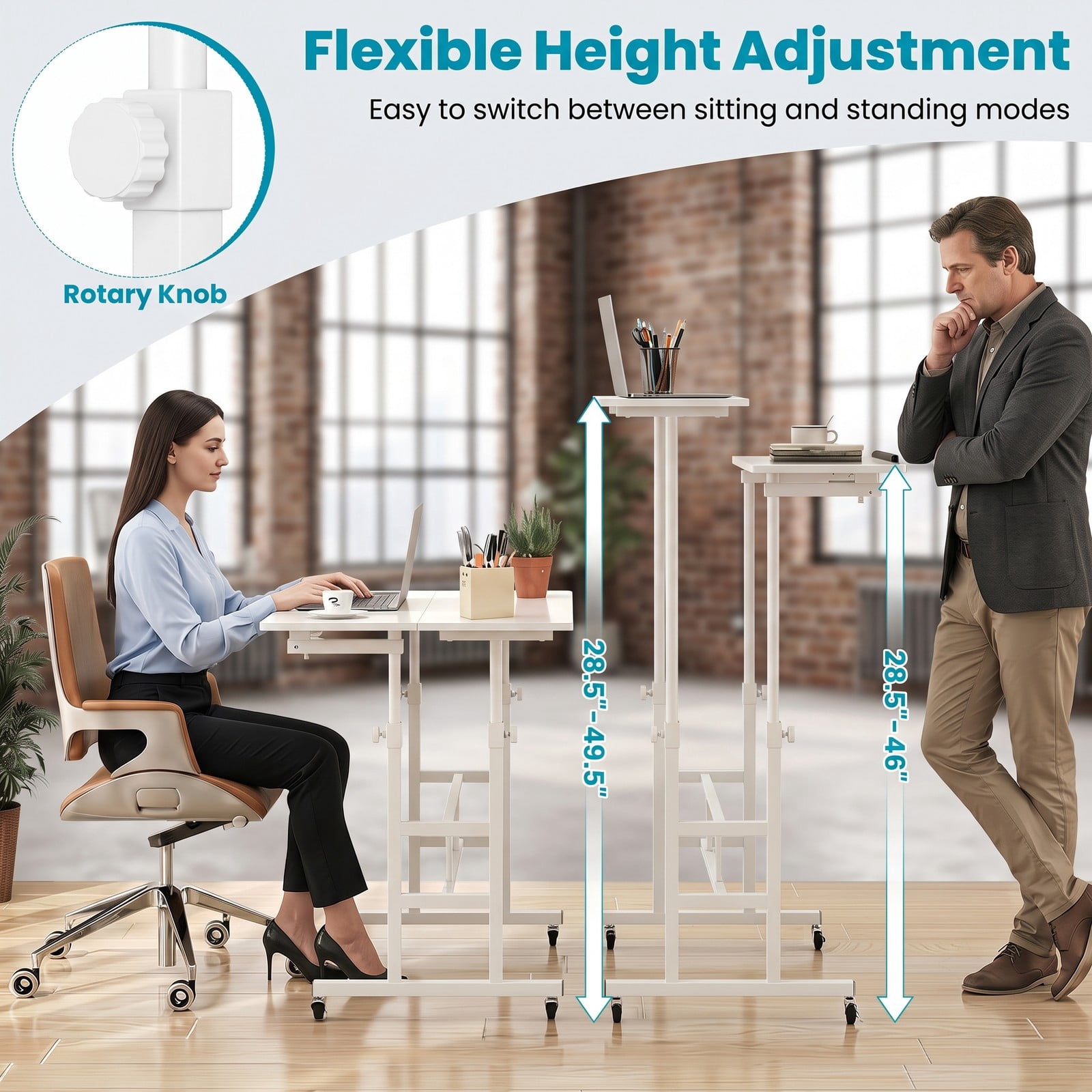 Furnibear Mobile Standing Desk Height Adjustable Computer Workstation with 2 Tilting Desktops, Rolling Sit Stand Desk with Charging Station, USB & Type-C Ports, White