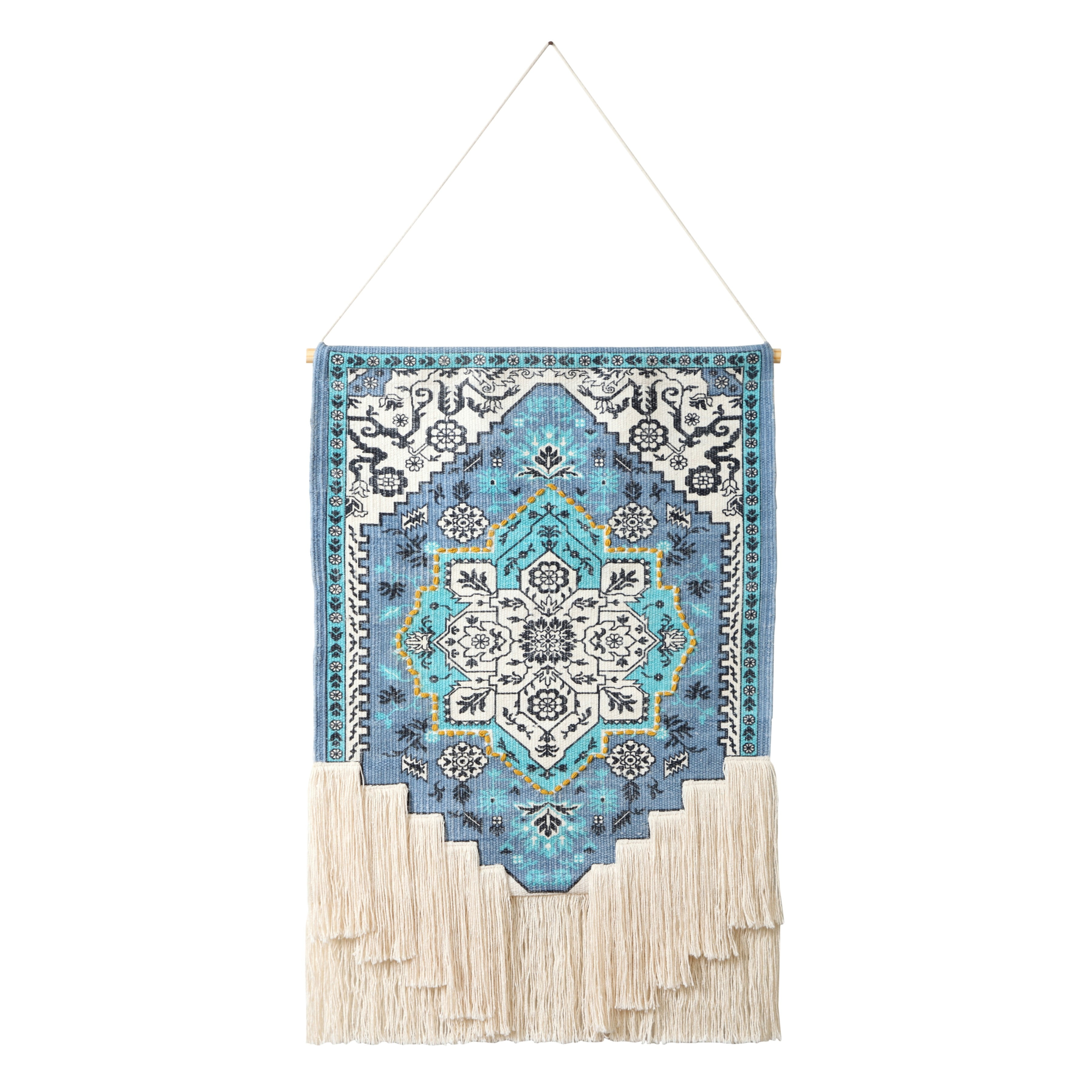 Ox Bay Xavi Teal Blue/White Boho Floral with Fringe Wall Hanging, 25.5" x 45"