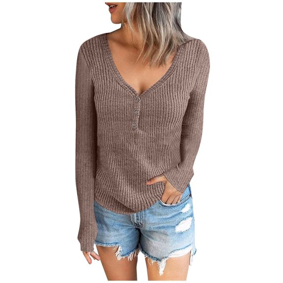 XFLWAM Women's Waffle Knit Tunic Tops Loose Long Sleeve Button Up V Neck Henley Shirts Coffee S