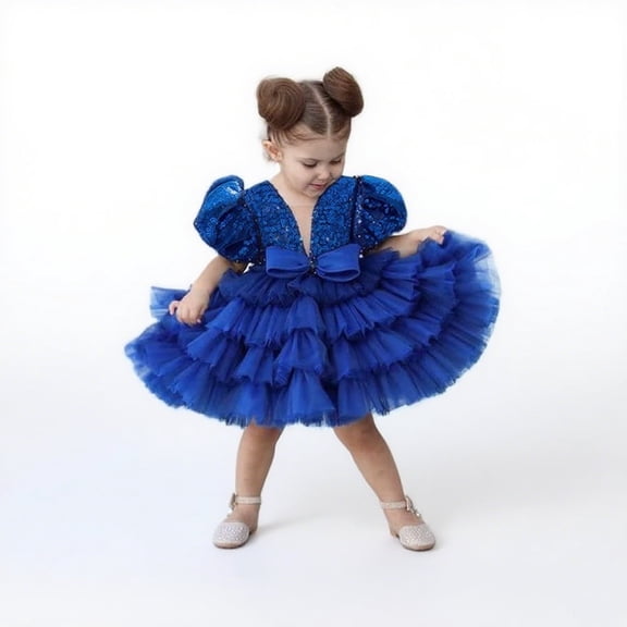 miqiaikids Toddler Girl Princess Dress Sequin Birthday Gown Puff Sleeve ,Ages 0-4 Years