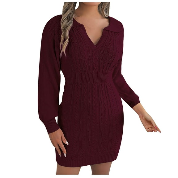 Kaemgyyd Women's Crochet Knitted Sweater Dress Long Sleeve V Neck Pencil Mini Dress Basic Bodycon Trendy Fall Winter Outfit