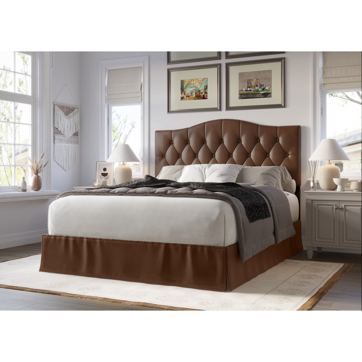 Home Design Harper Twin Tufted Upholstered Platform Bed Frame with Arched Headboard and Bed Skirt, Brown, Easy Assembly