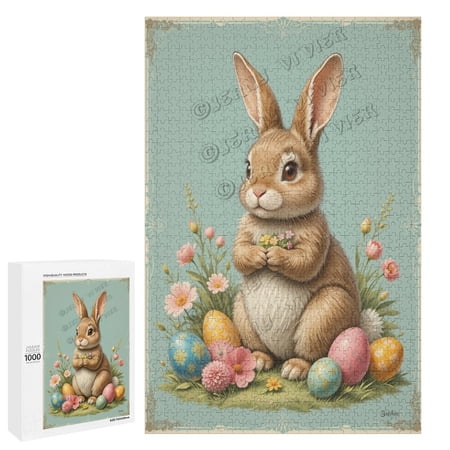 Cute Rabbit With Easter Eggs 1000-piece Adult Jigsaw Puzzle Jigsaw Puzzle for Adults and Families Easter Decor Spring Decor Vintage Style Wooden