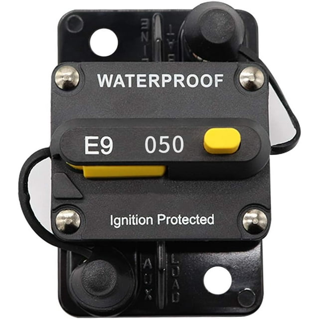 Huggegwe Protecteur de Surtension pour Disjoncteur Étanche avec Bouton de Réinitialisation Manuelle 12V-72V DC Fusible Inverseur pour Voiture RV Bateau (50A) CA919-131950