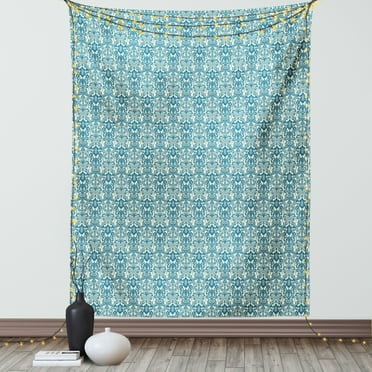 Ivory and Blue Tapestry, Damask Swirled Leaves and Blooming Flowers Baroque Arrangement, Wall Hanging for Bedroom Living Room Dorm Decor, 60W X 80L Inches, Petrol Blue and Ivory, by Ambesonne