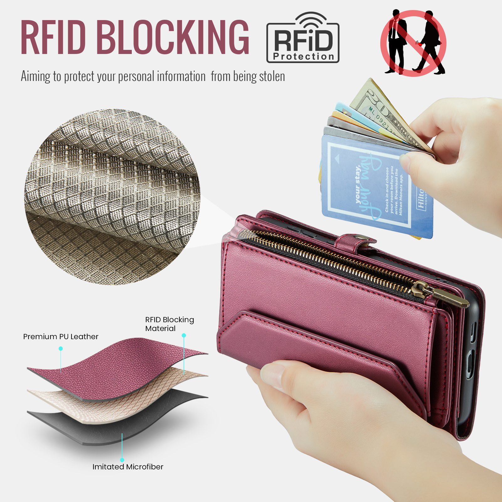 Compatible with Samsung Galaxy S24 FE 5G Zipper Wallet Phone Case Tempered Glass Screen Protector Crossbody Lanyard Strap Flip Card Holder Slot Cell Cover for S 24 EF AI S24FE 24S Women Wine Red