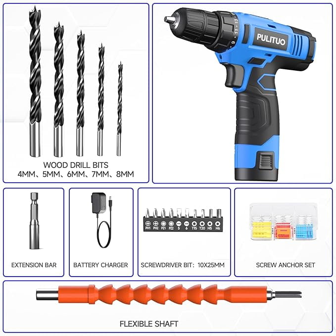PULITUO 12V Cordless Power Drill Set with Battery and Charger, 3/8" Keyless Chuck, 21+1 Torque Settings, Built-in LED Light, Compact Electric Drill Kit for Home Improvement and DIY Projects(blue)