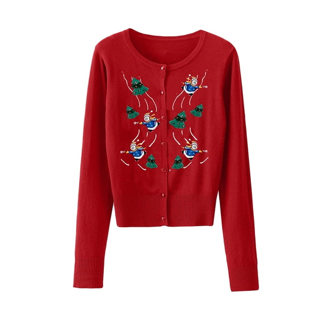FOCUSNORM Women Christmas Knit Cardigan Long Sleeve Button Closure Embroidery Snowman Tree Casual Sweater