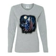 thumbnail image 2 of American Flag Howling Wolf Animal Lover Womens Graphic Long Sleeve T-Shirt, Heather Grey, X-Large, 2 of 3